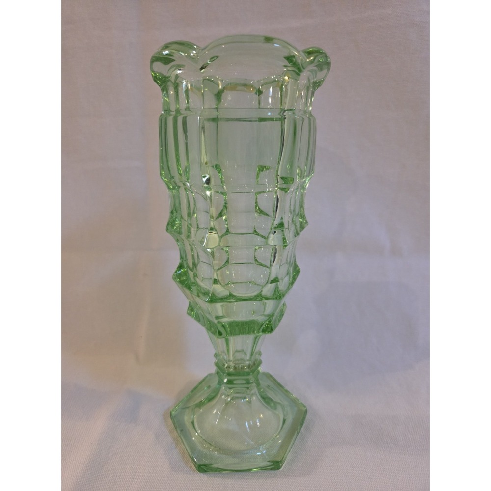 Vintage Green Pressed Glass Pedestal Vase Scalloped Rim Hexagon Base 8.25"